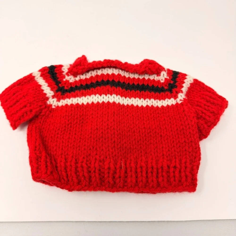 Hand-Knit Doll Outfit: Red Sweater, Beanie, Denim Pants Fits 18